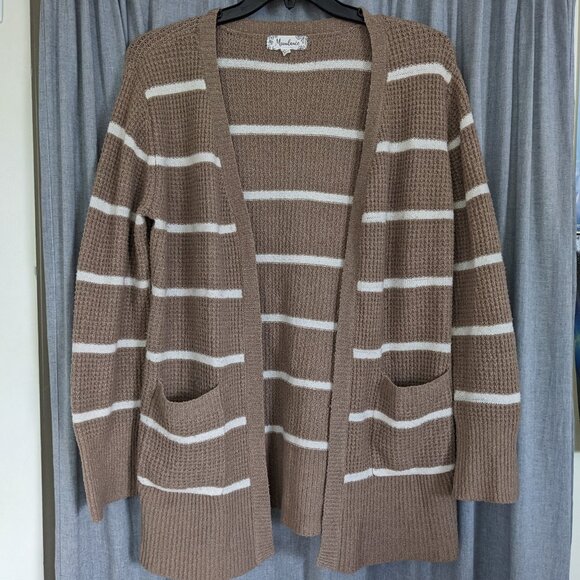 Open Front Cardigan XL Cozy Soft Pockets Fuzzy Moondance Brown White Striped - Picture 1 of 9